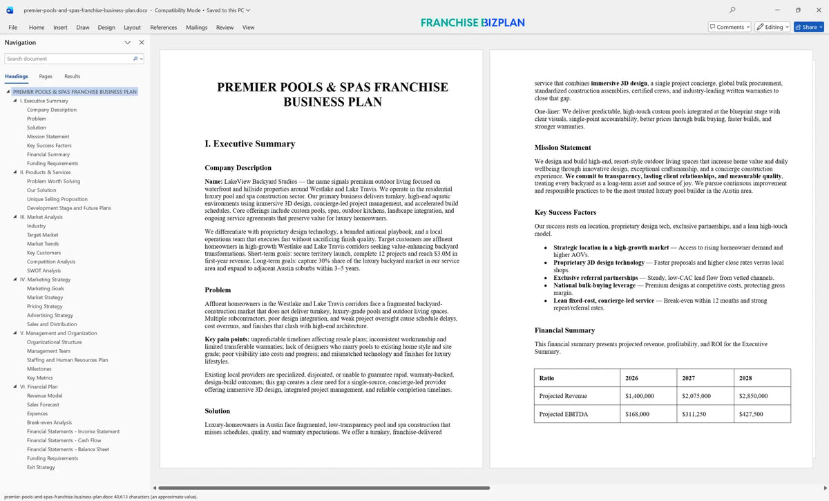 Premier Pools & Spas Franchise Business Plan Template for 2026 ...