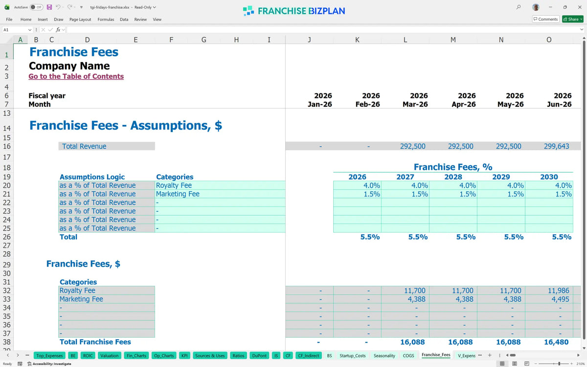 Tgi Fridays Franchise Financial Model Template for 5 Years ...